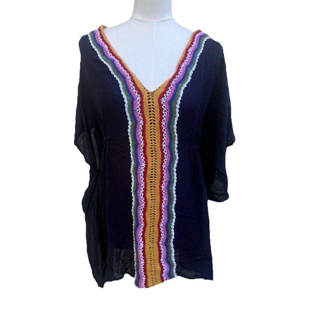 Nanette Lepore Navy Crochet Trim Swim Cover Up Kaftan Tunic Medium NL8CB50